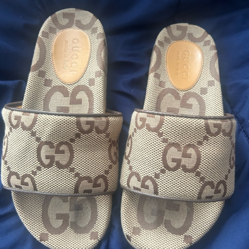 Gucci Beige and Brown GG Slide Sandals